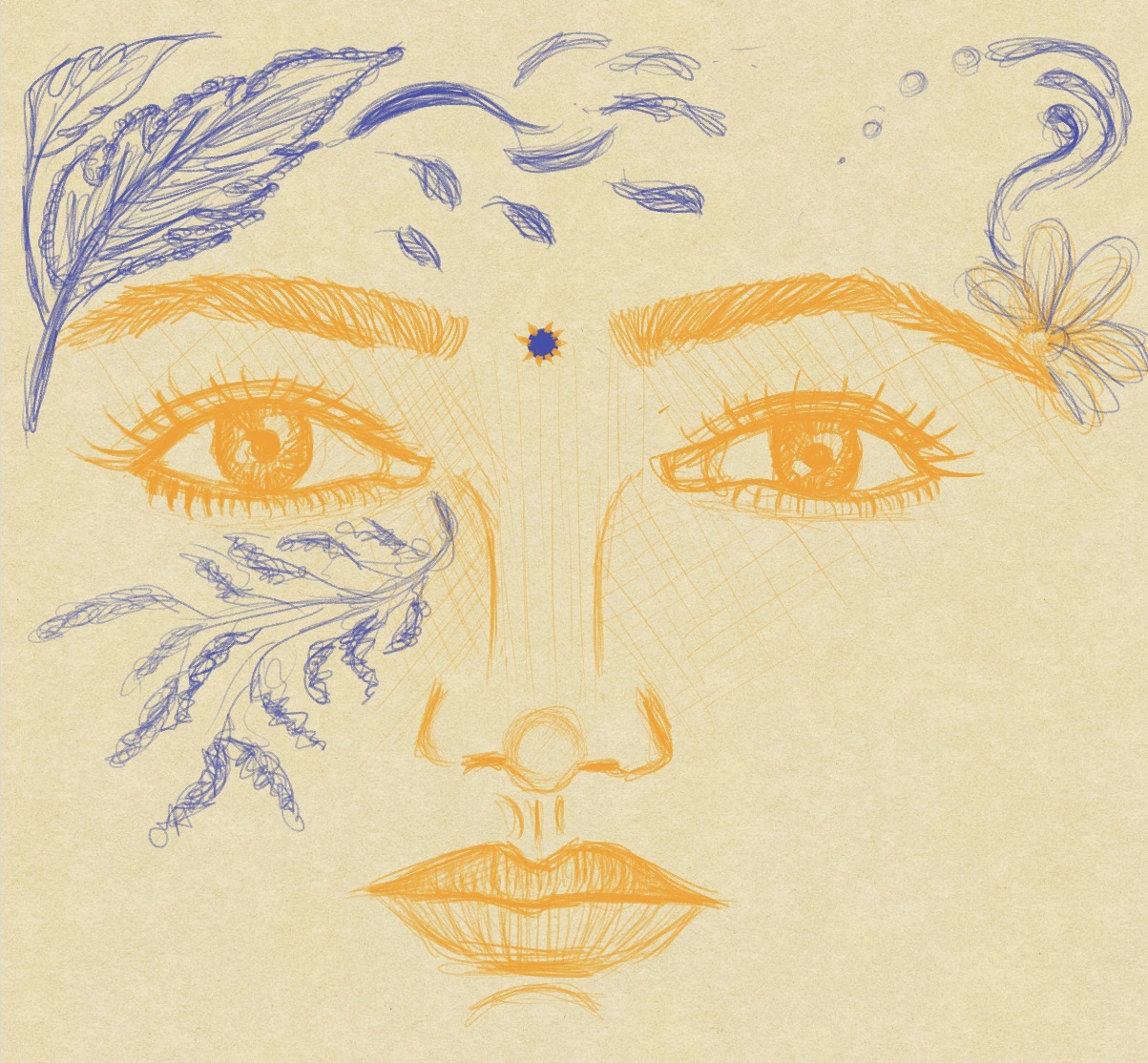 Pen sketch of a face with botanical motifs — original artwork by Medhavi