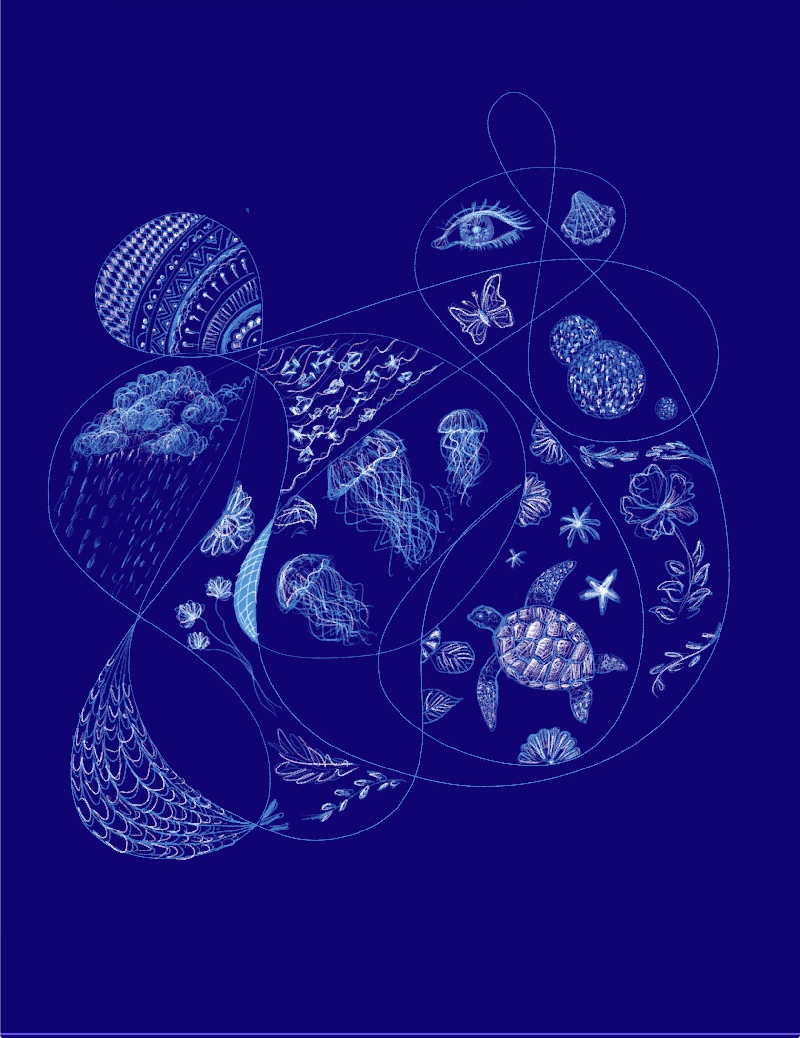Intricate white linework on navy — ocean creatures, original artwork by Medhavi