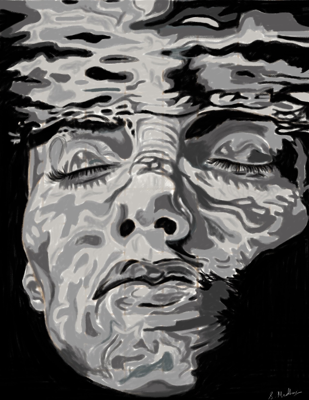 Underwater grayscale portrait — original artwork by Medhavi
